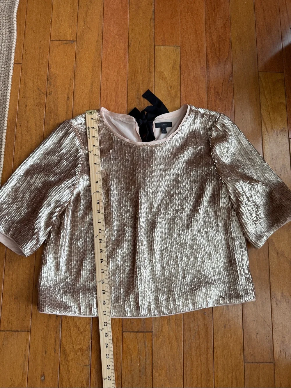 J Crew Rose Gold Sequins Top Bow Back Cropped Blouse Size 10 Party Holiday